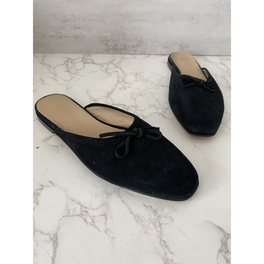 Ann Mashburn Flats Sz 38.5 US 8 Black Suede Bow Made In Italy Quiet Luxury